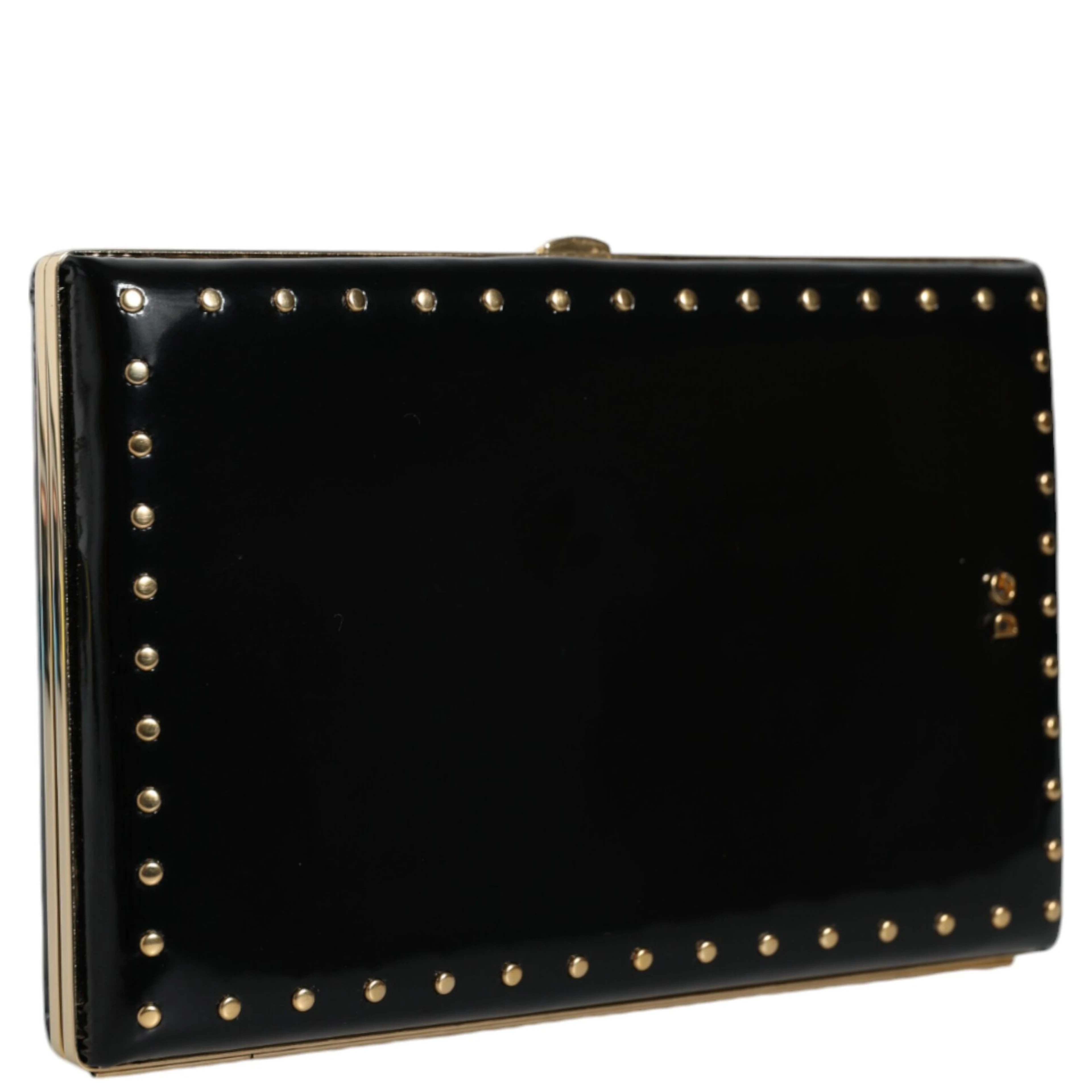 Black Leather Studs Gold Frame Clutch Evening Purse Bag