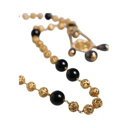 Gold Chain Brass Black Beaded Rosary Style Necklace