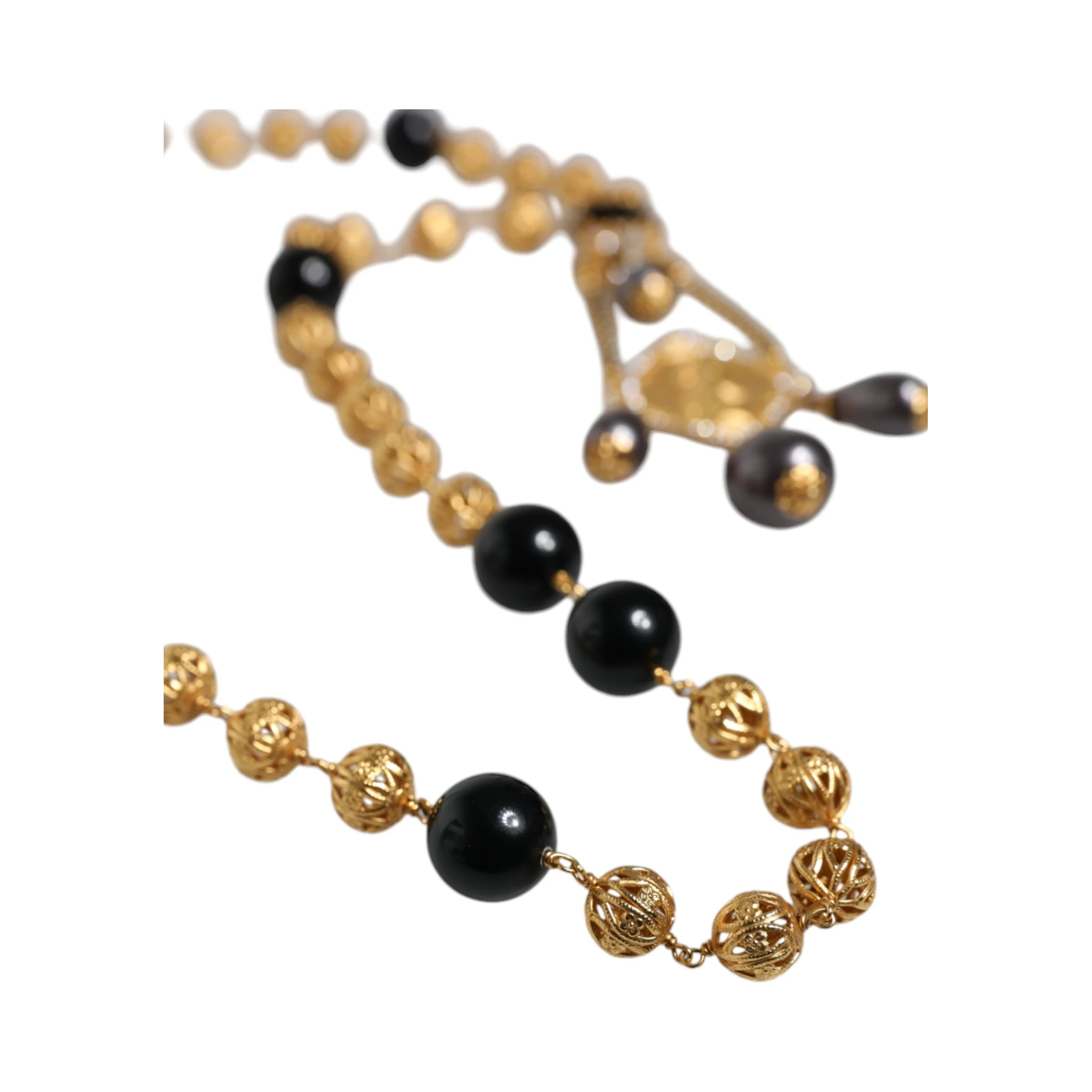 Gold Chain Brass Black Beaded Rosary Style Necklace