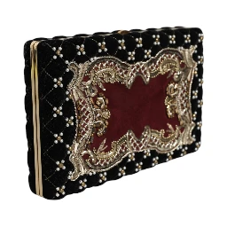 Bordeaux Black Velvet Gold Frame Clutch Evening Purse Bag