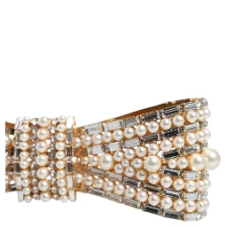 Gold Tone Brass Bow Crystal FauxPearl Embellished Brooch