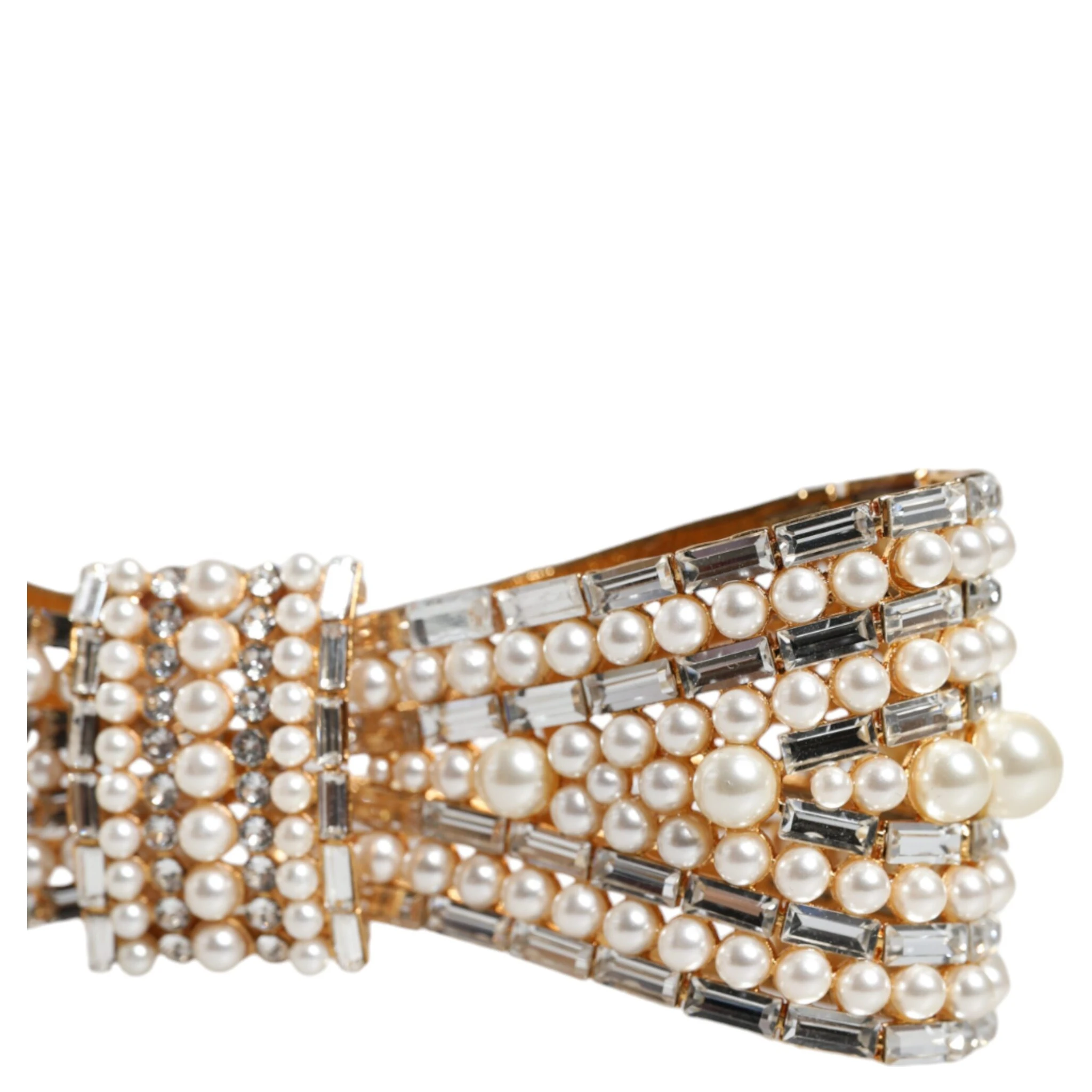 Gold Tone Brass Bow Crystal FauxPearl Embellished Brooch