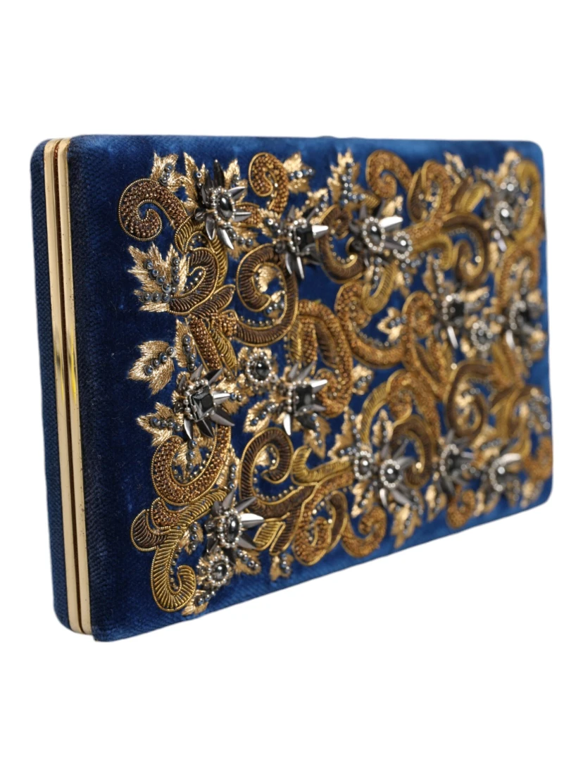 Blue Velvet Gold Frame Clutch Evening Party Purse Bag