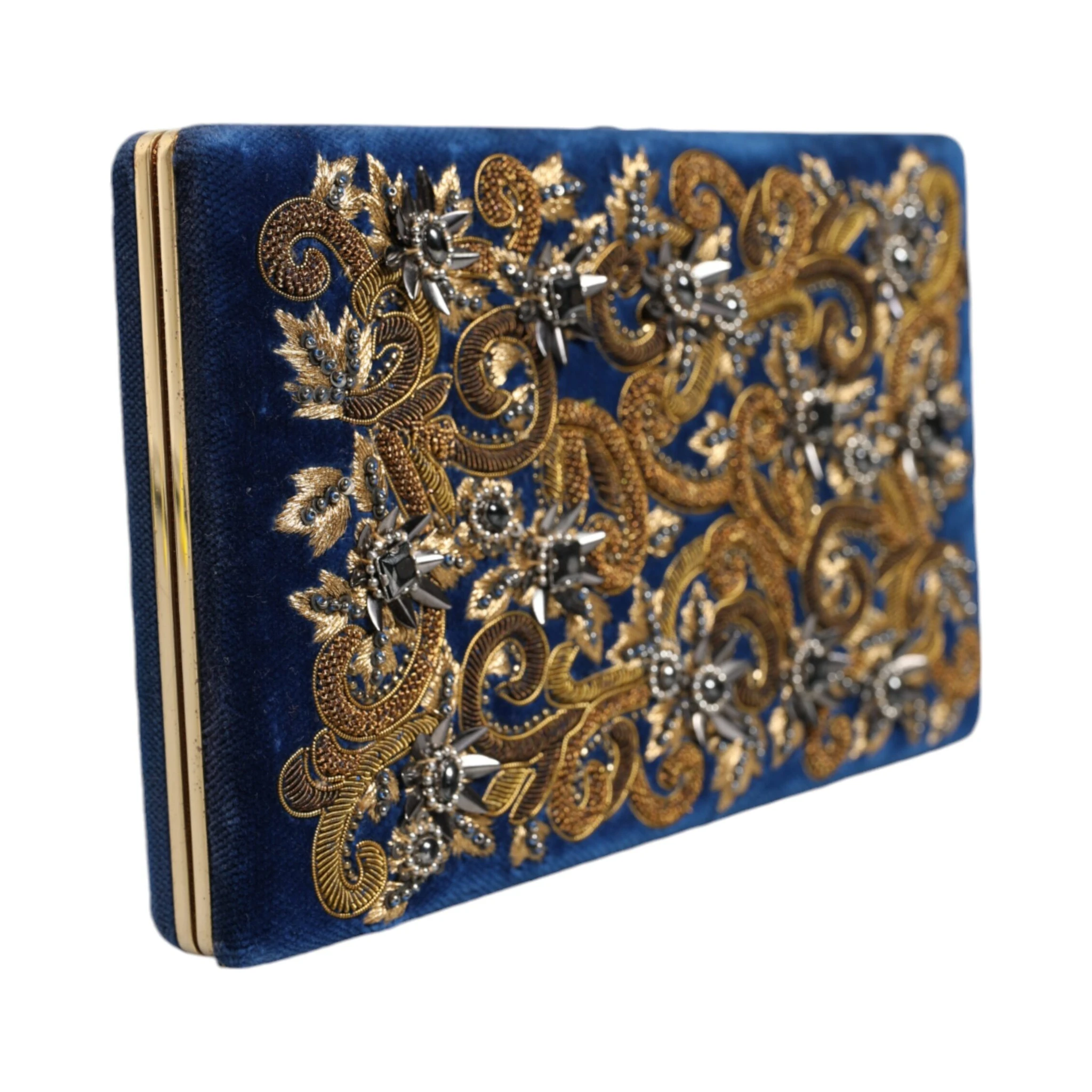 Blue Velvet Gold Frame Clutch Evening Party Purse Bag