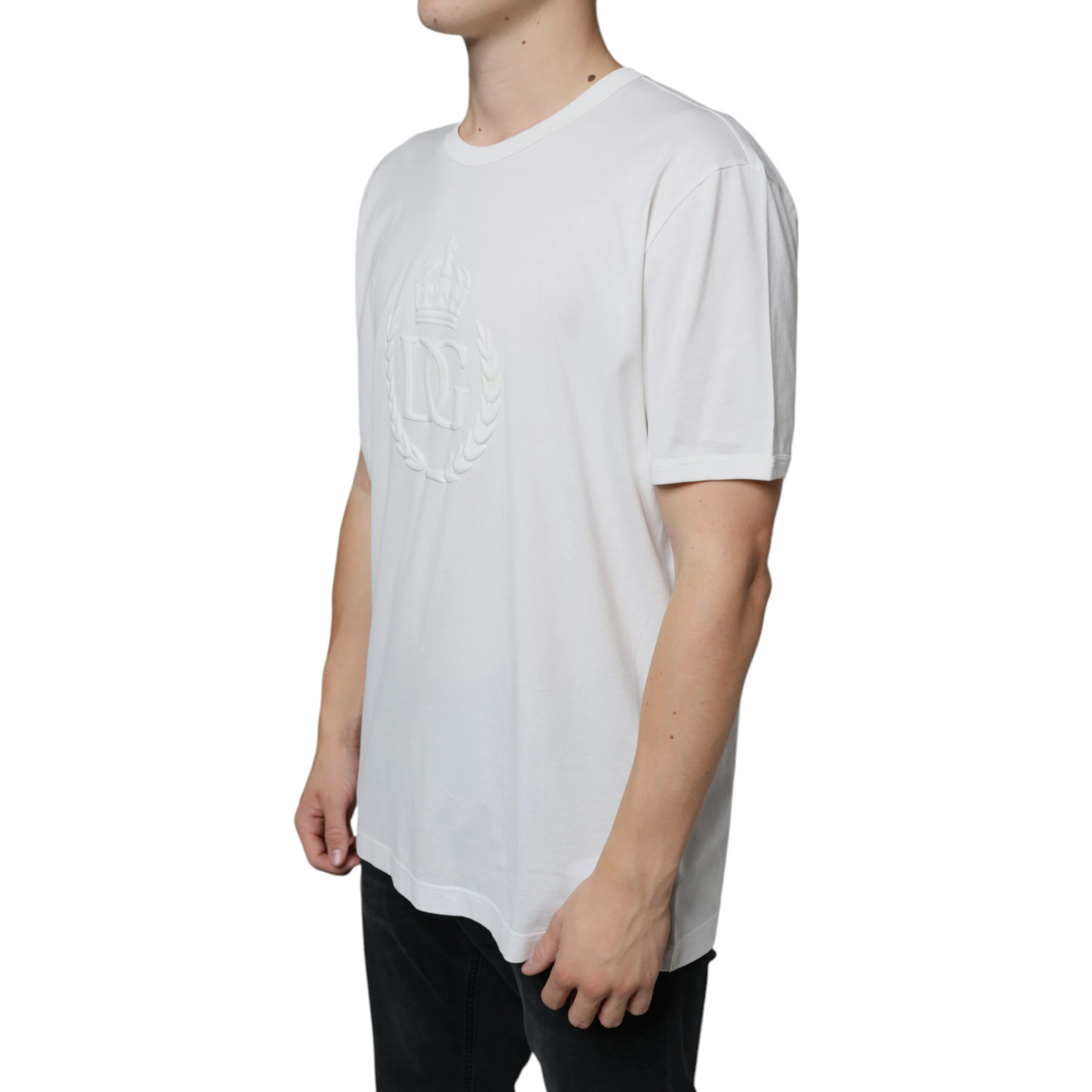 White Logo Embossed Cotton Crewneck T-shirt