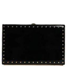 Black Leather Studs Gold Frame Clutch Evening Purse Bag