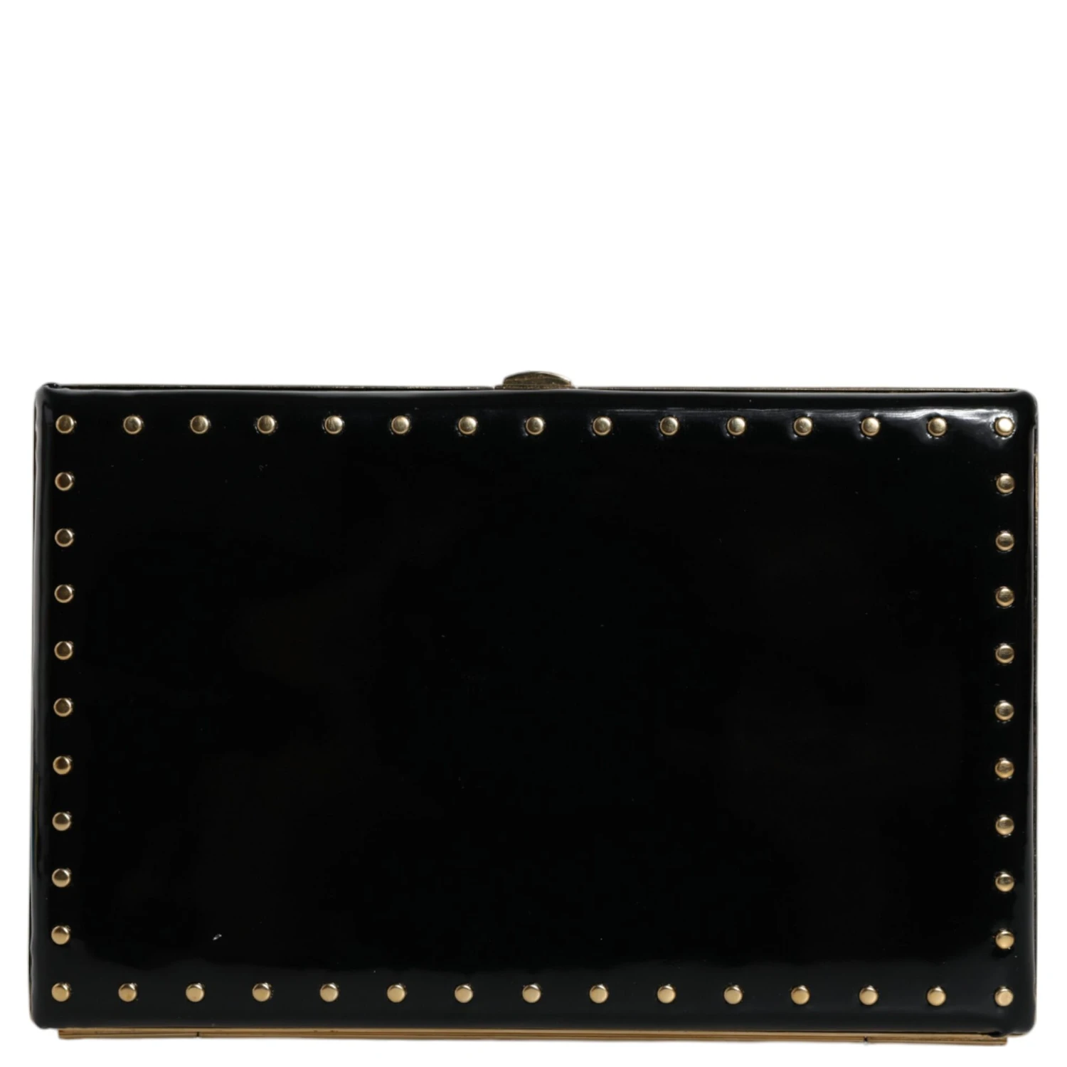 Black Leather Studs Gold Frame Clutch Evening Purse Bag