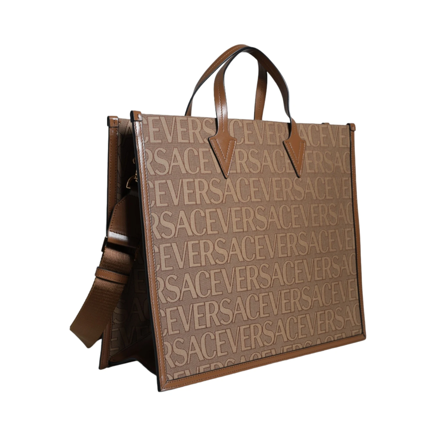 Brown Top Handle Jacquard Leather Logo Crossbody Tote Bag
