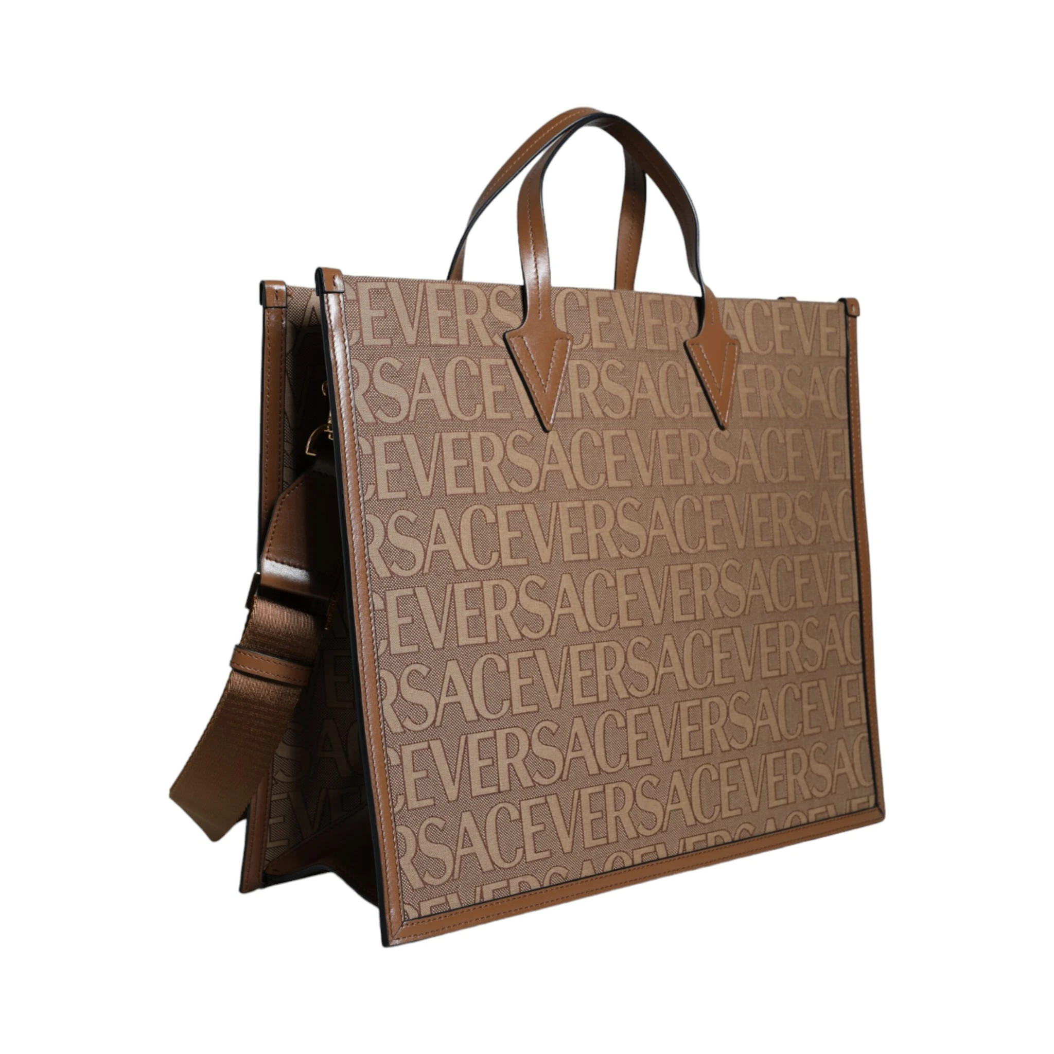 Brown Top Handle Jacquard Leather Logo Crossbody Tote Bag