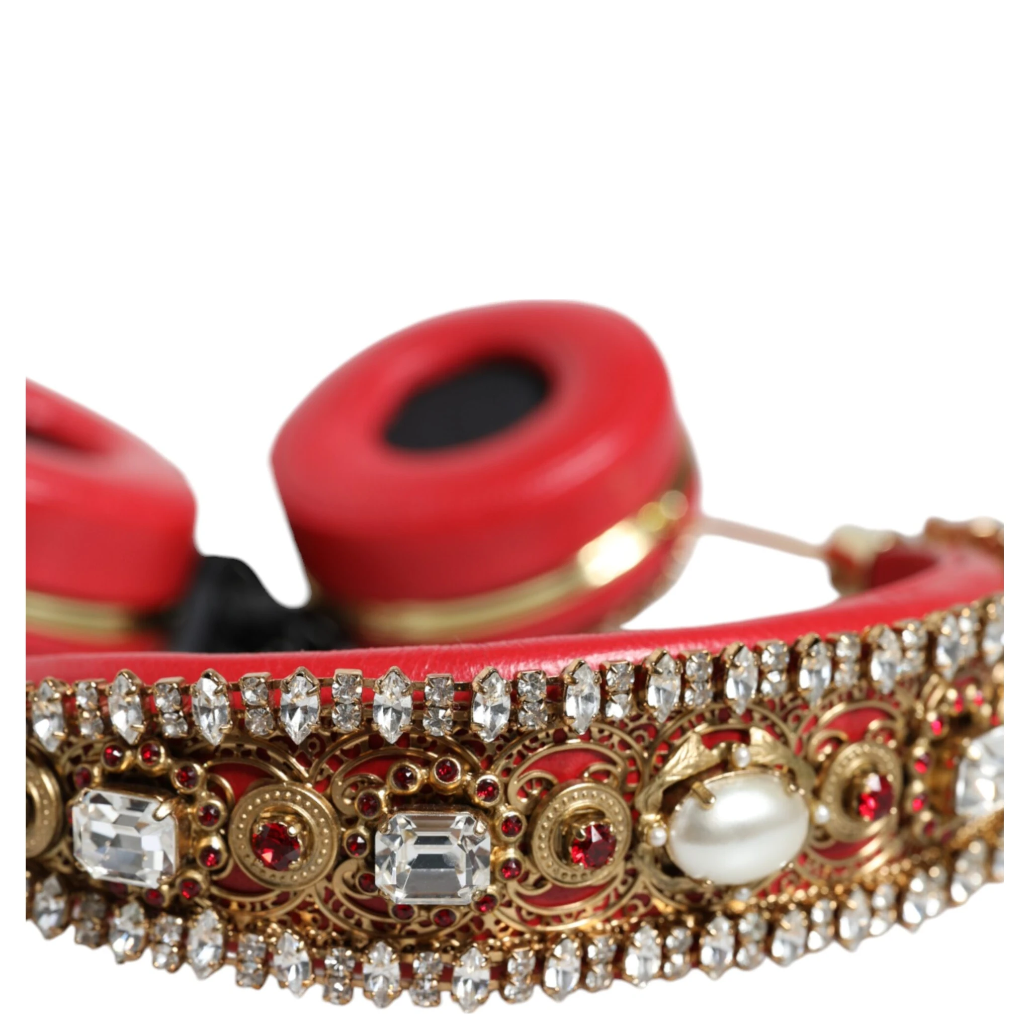 Red Nappa Leather Floral Crystal Headphone