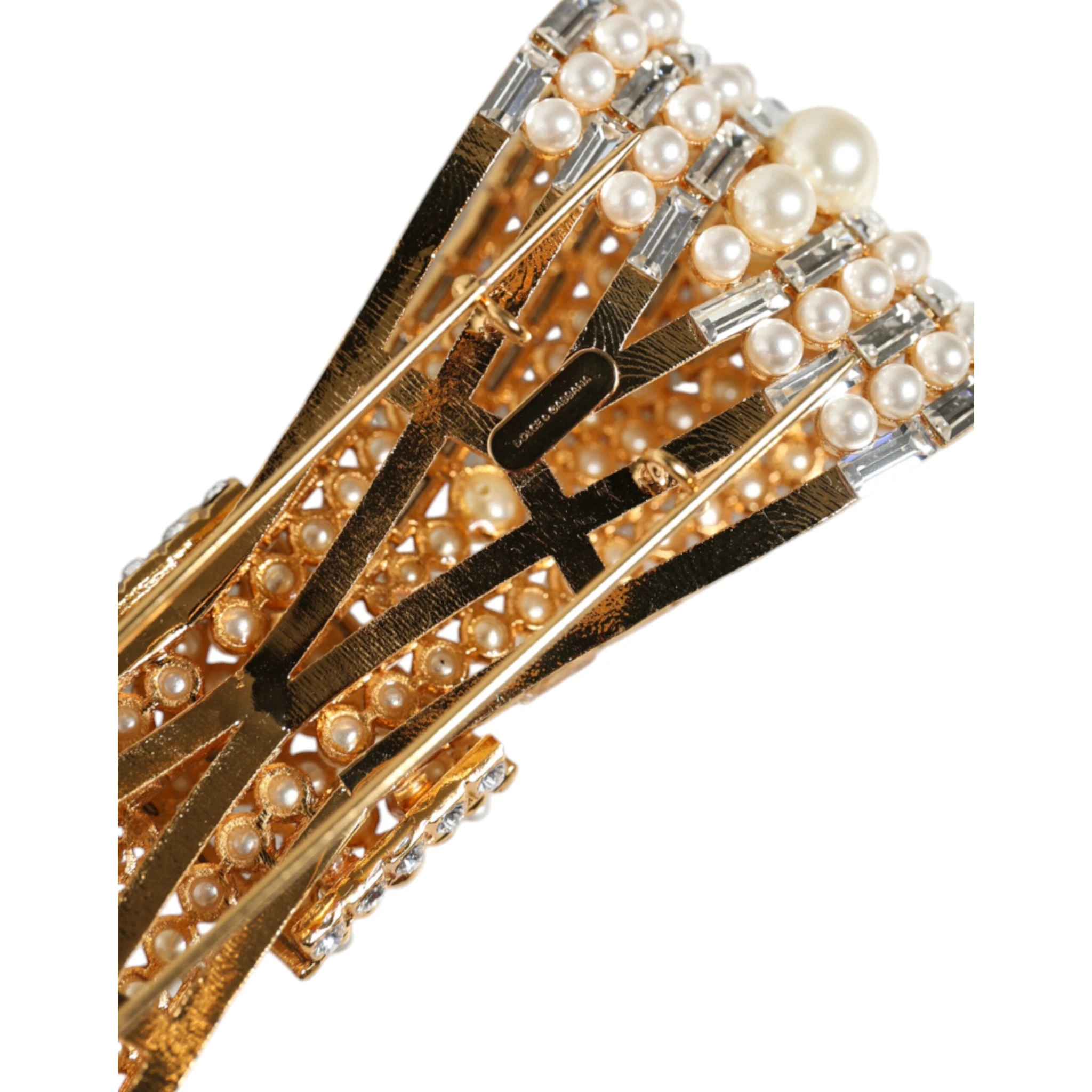 Gold Tone Brass Bow Crystal FauxPearl Embellished Brooch