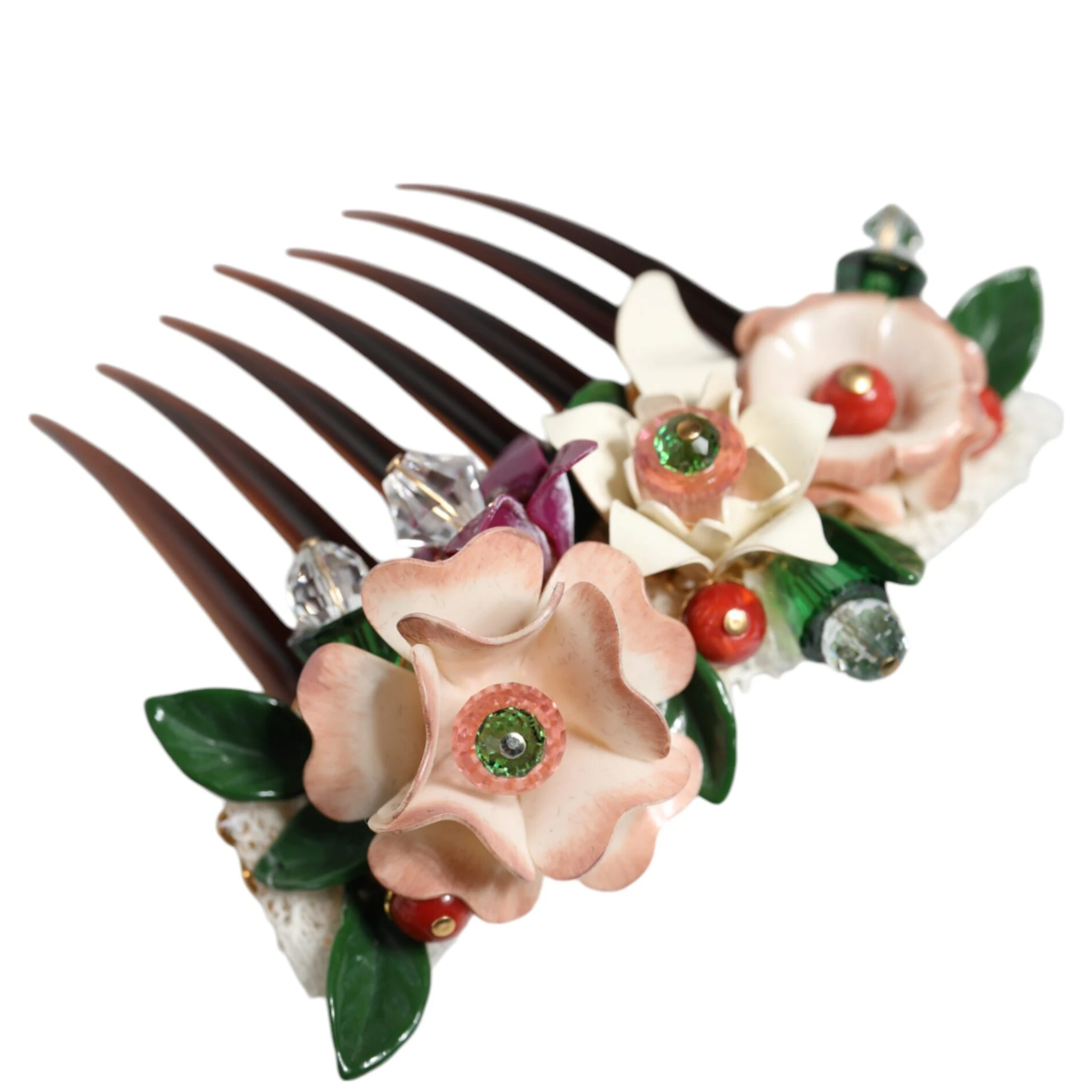 Brown Plastic Crystal Floral Women Hair Comb