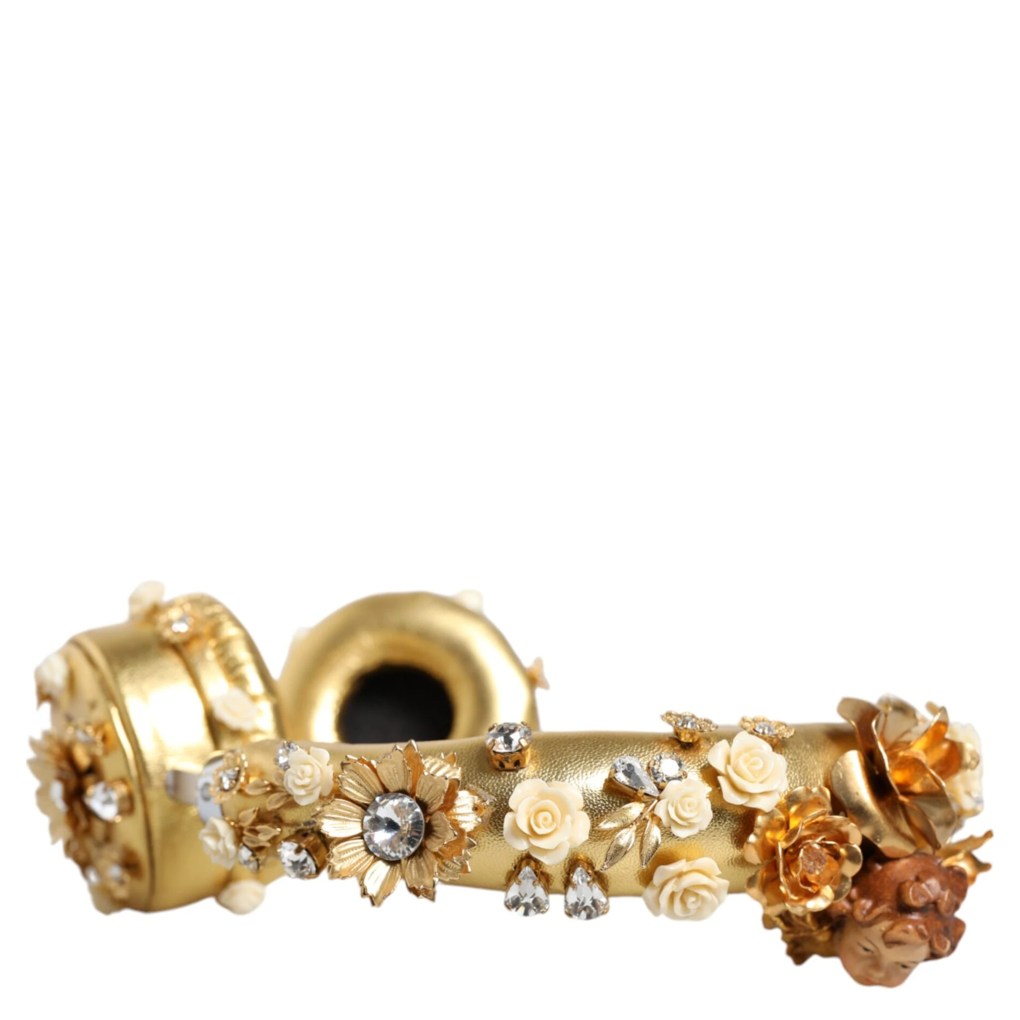 Gold Leather Floral Crystal Angel Headphones