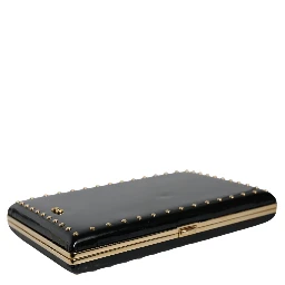 Black Leather Studs Gold Frame Clutch Evening Purse Bag