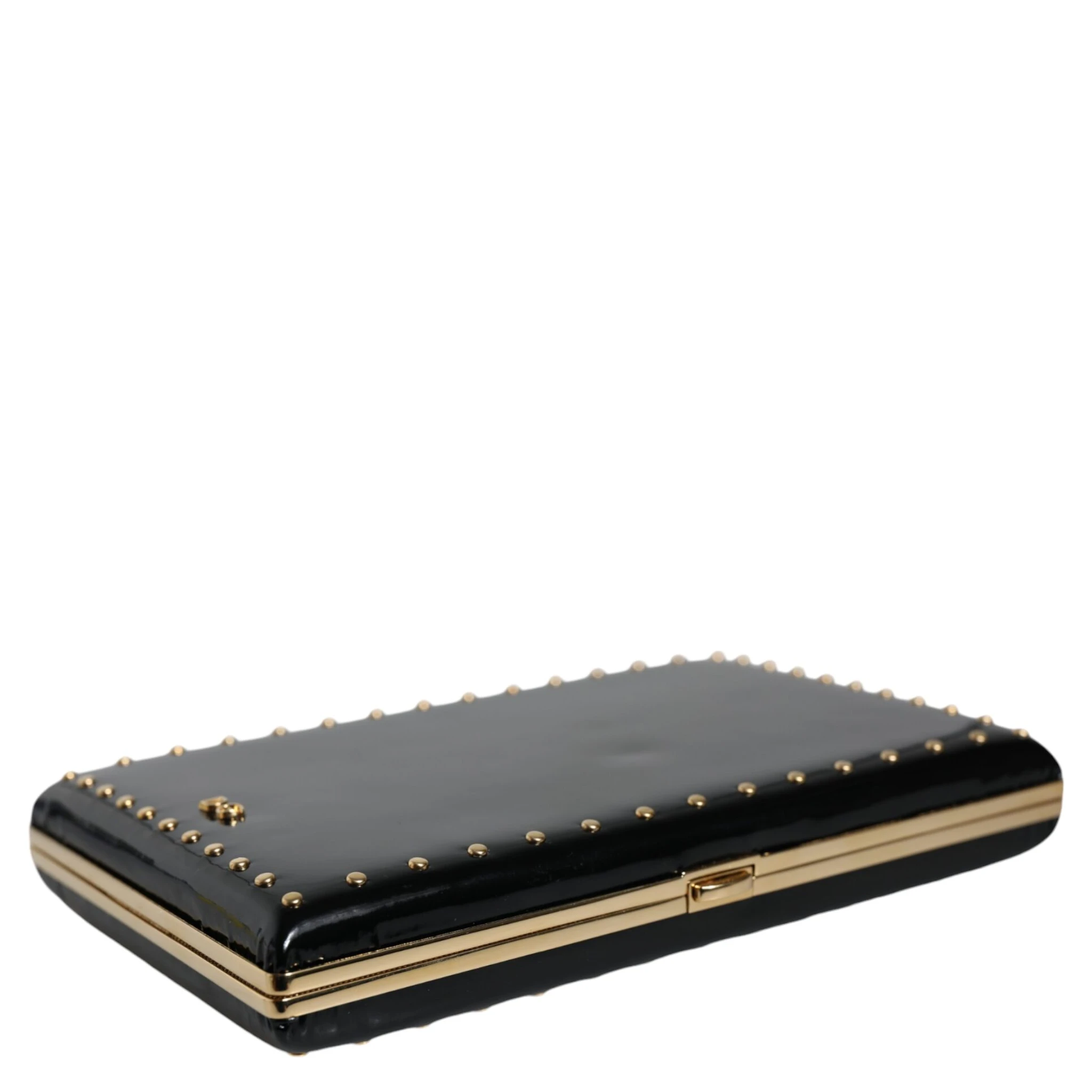 Black Leather Studs Gold Frame Clutch Evening Purse Bag