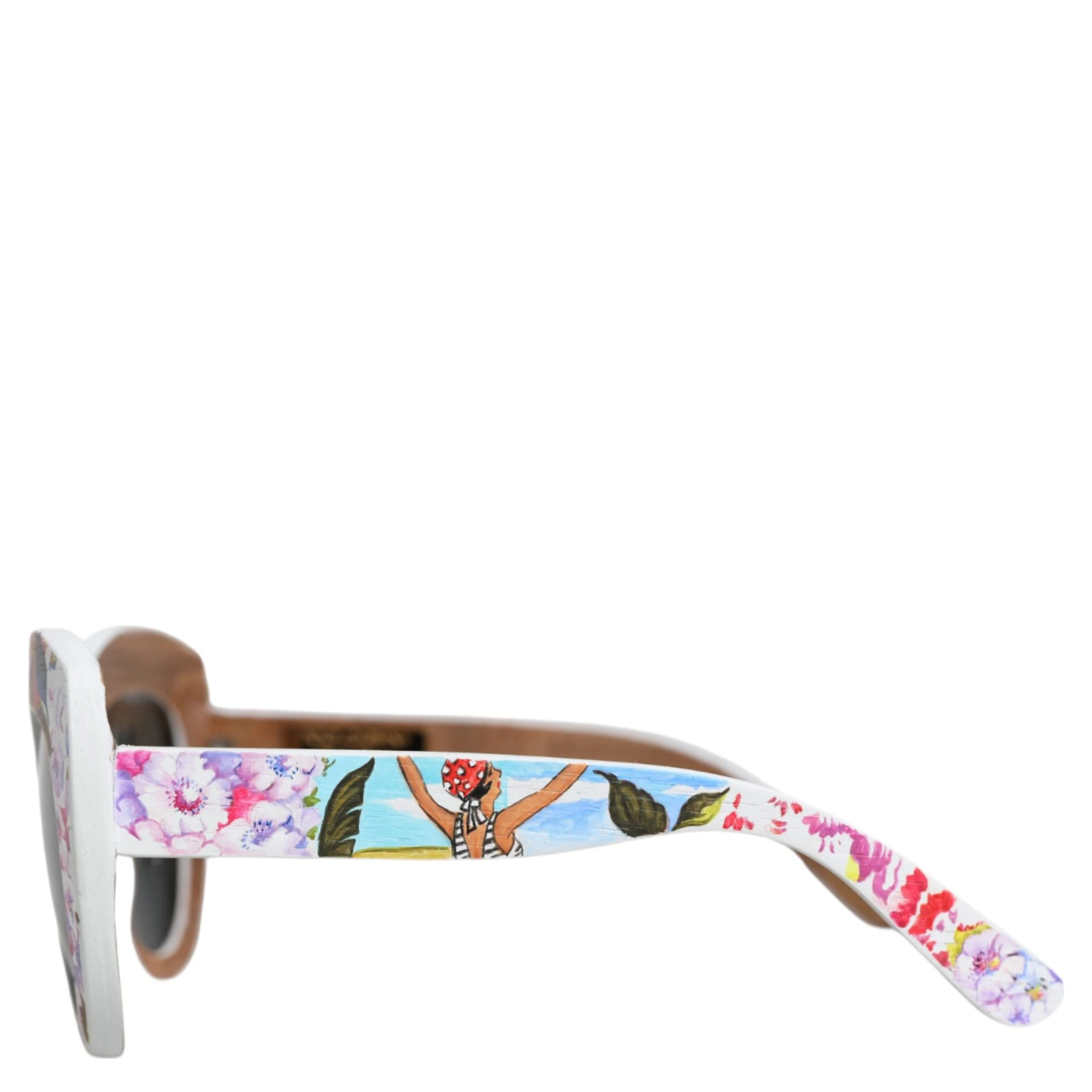 Multicolor Wood Crystal Brass Frame Floral Hand Paint Sunglasses