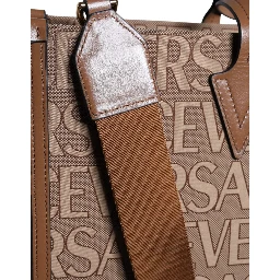 Brown Top Handle Jacquard Leather Logo Crossbody Tote Bag