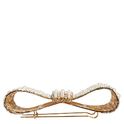 Gold Tone Brass Bow Crystal FauxPearl Embellished Brooch