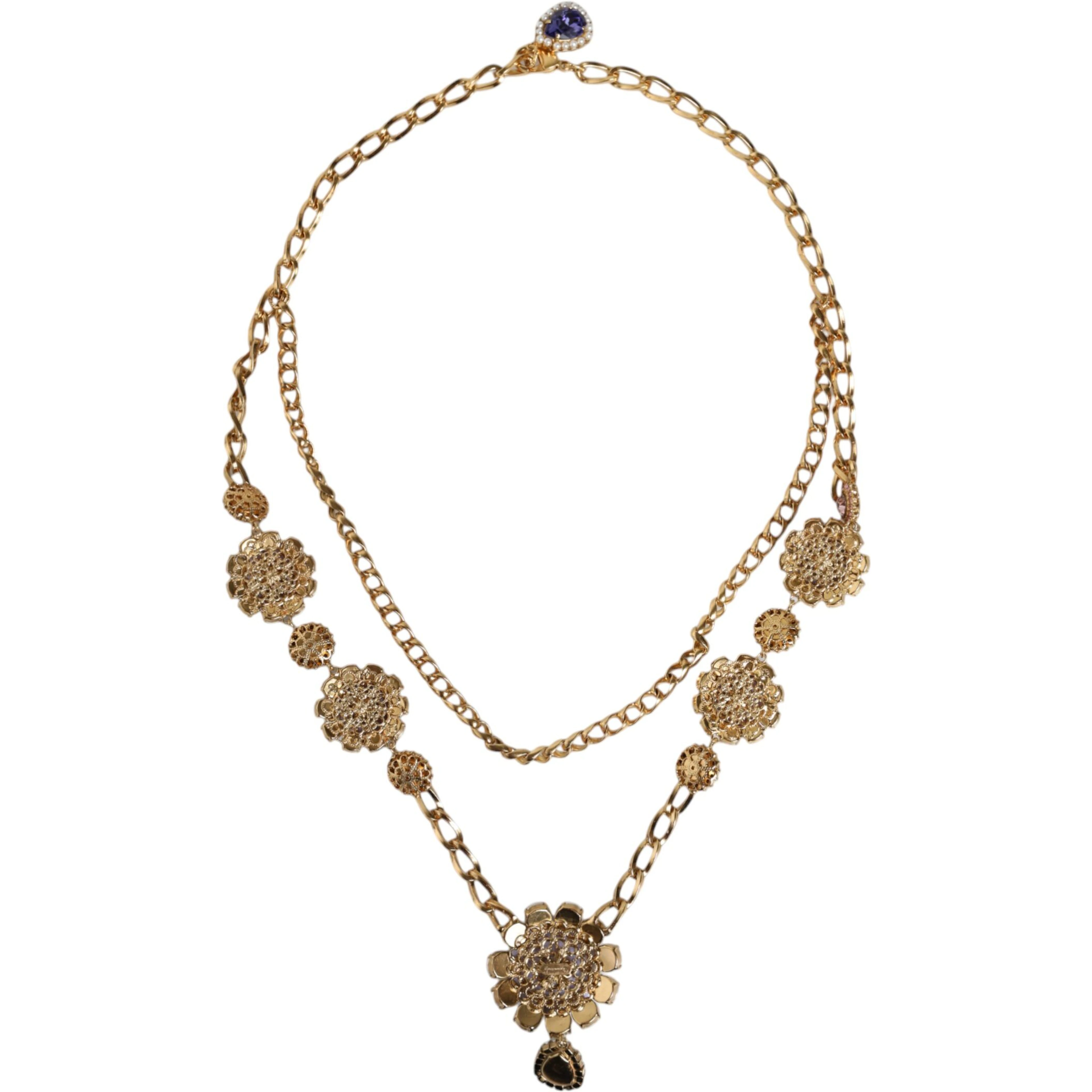 Gold Tone Floral Crystals Embellished Layered Necklace