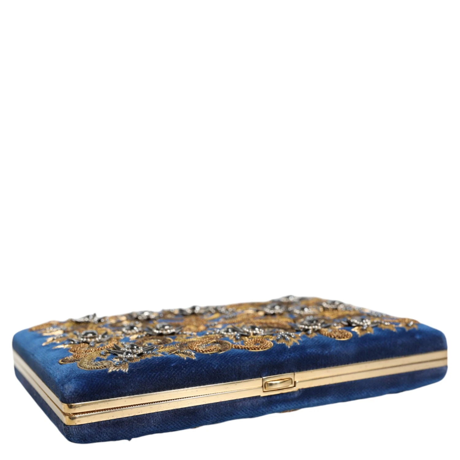 Blue Velvet Gold Frame Clutch Evening Party Purse Bag