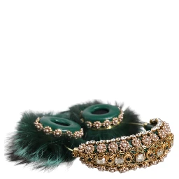 Green Gold Crystal Fur Headset Audio AUX Headphones