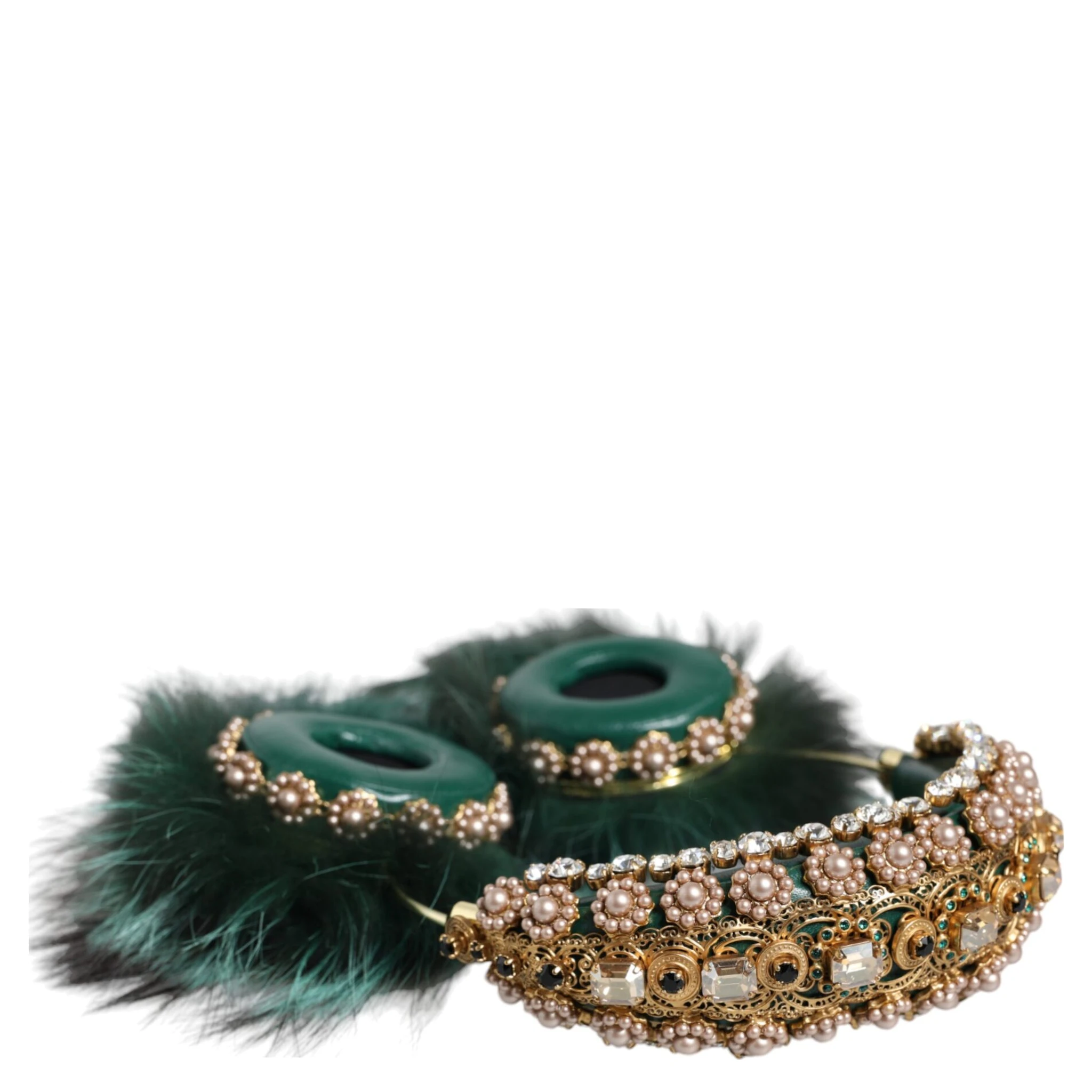 Green Gold Crystal Fur Headset Audio AUX Headphones