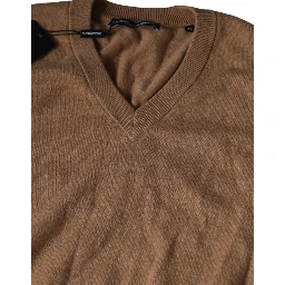 Brown Cashmere Knit V-neck Pullover Sweater