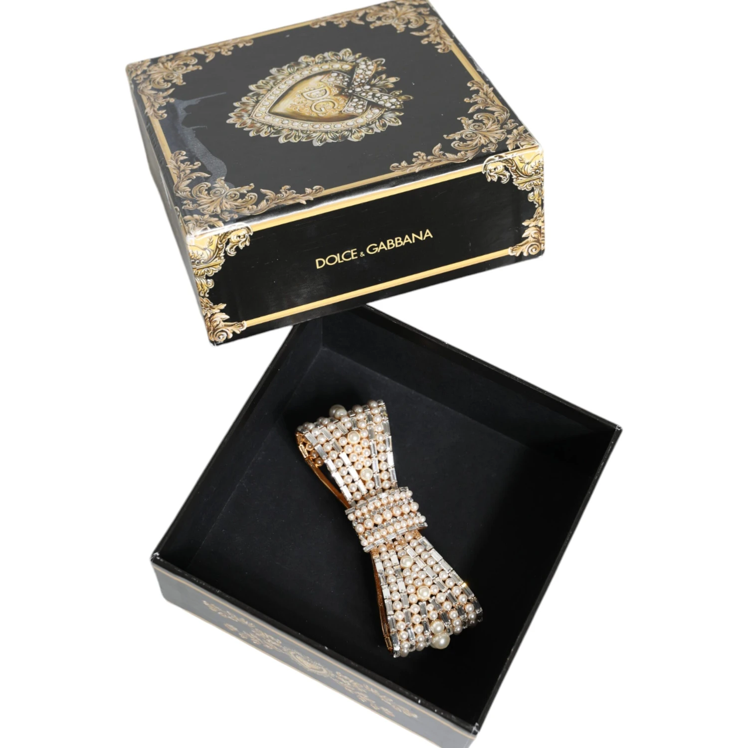 Gold Tone Brass Bow Crystal FauxPearl Embellished Brooch