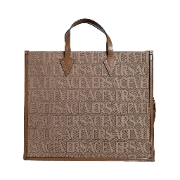 Brown Top Handle Jacquard Leather Logo Crossbody Tote Bag