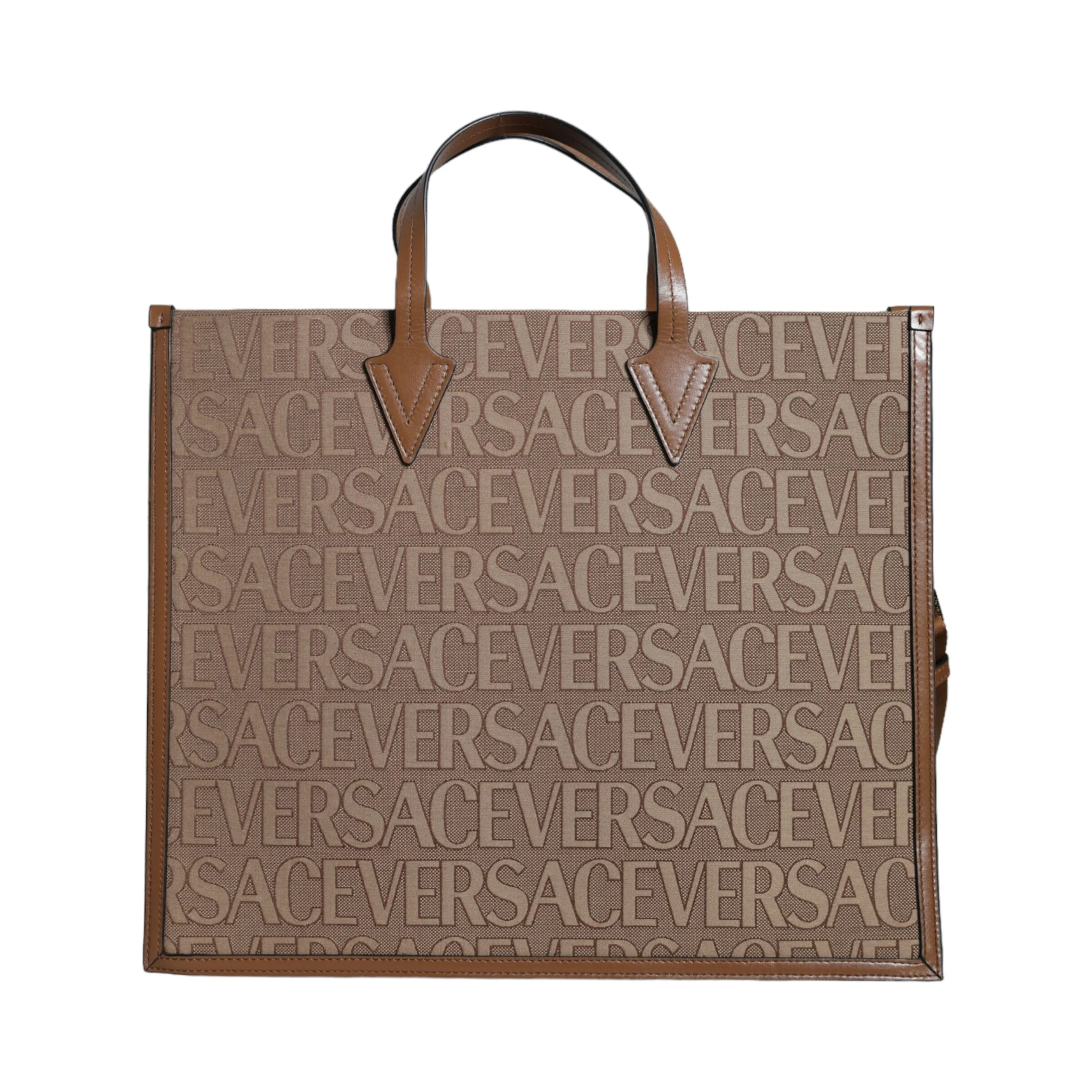 Brown Top Handle Jacquard Leather Logo Crossbody Tote Bag