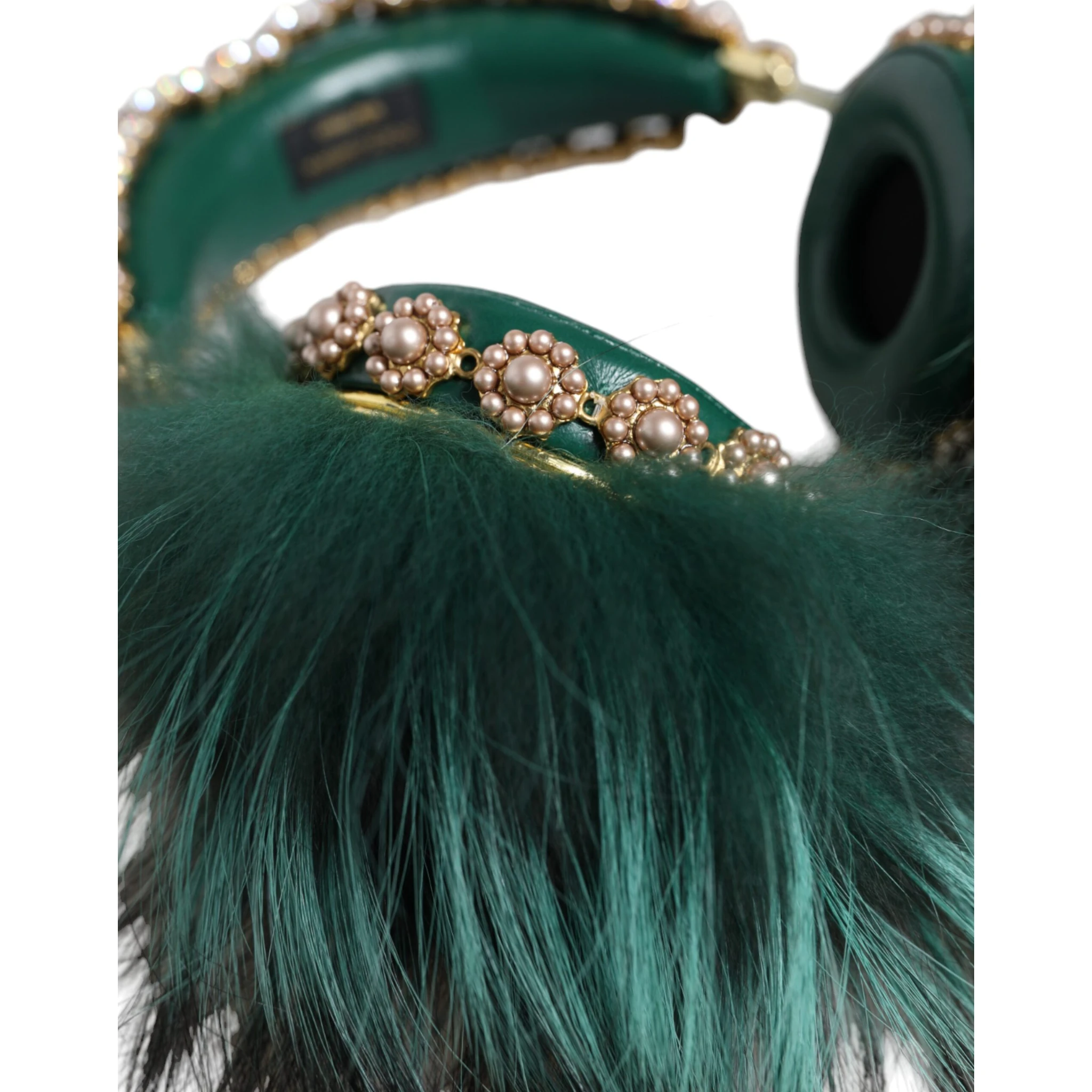 Green Gold Crystal Fur Headset Audio AUX Headphones