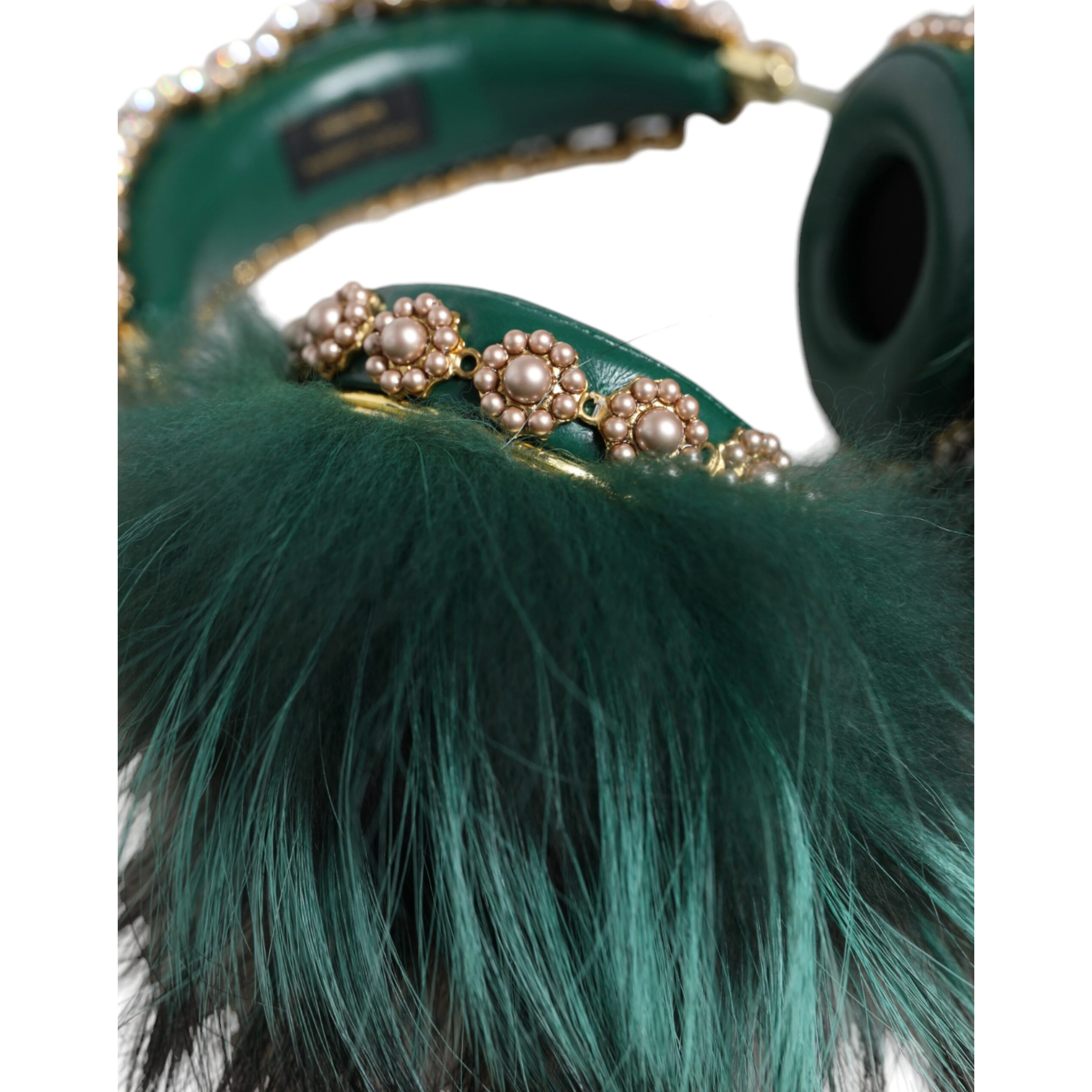Green Gold Crystal Fur Headset Audio AUX Headphones