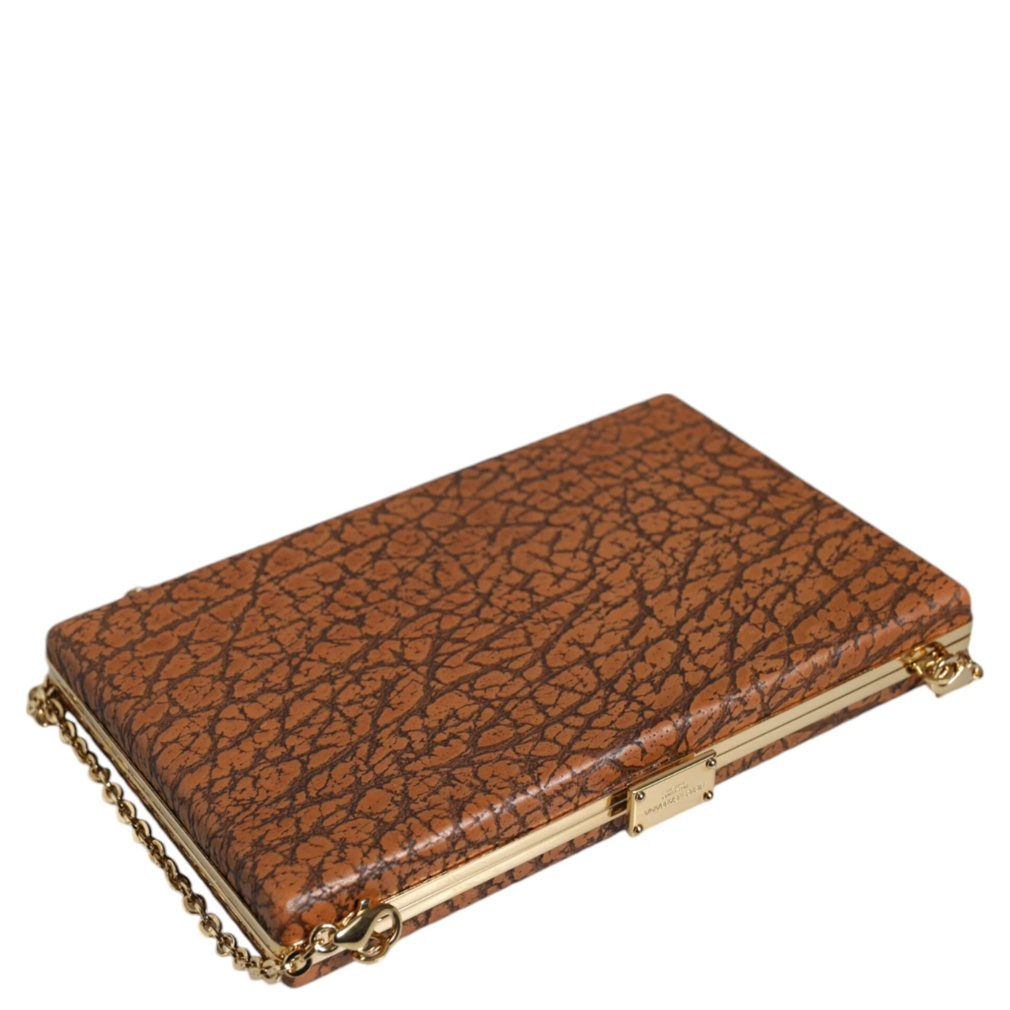 Brown Leather Gold Frame Clutch Mini Crossbody Bag