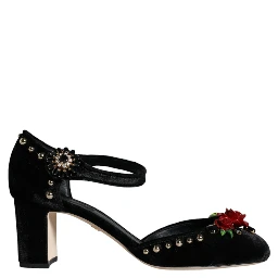 Black Velvet Roses Ankle Strap Pumps Shoes