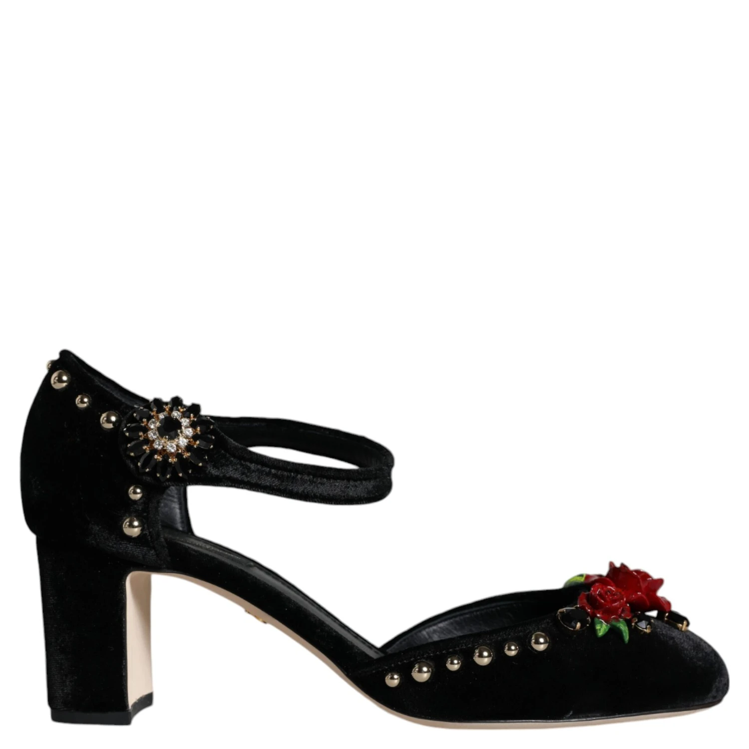 Black Velvet Roses Ankle Strap Pumps Shoes