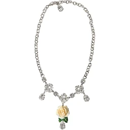 Silver Brass Clear Crystal Roses Pendants Necklace