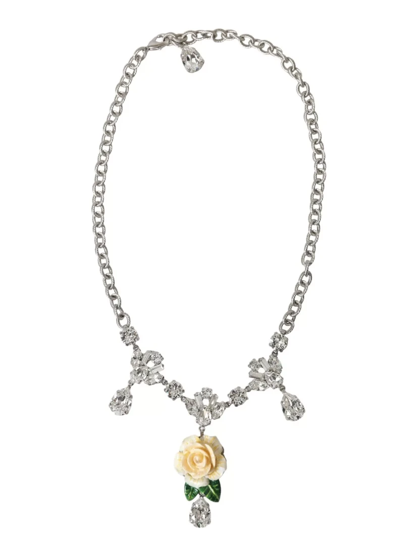 Silver Brass Clear Crystal Roses Pendants Necklace