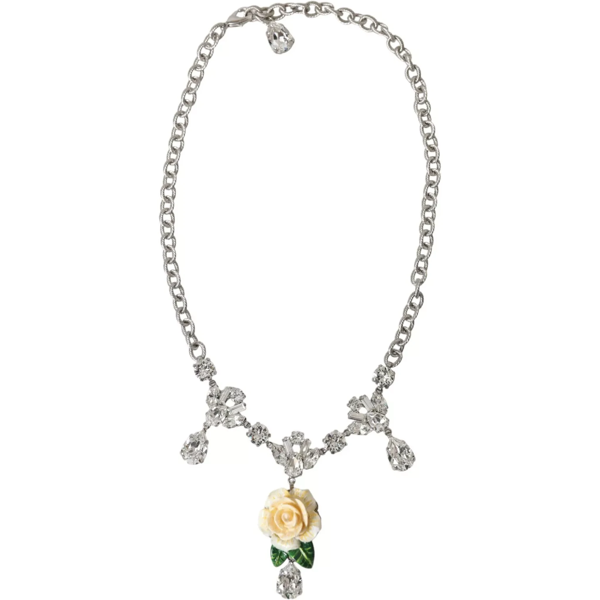 Silver Brass Clear Crystal Roses Pendants Necklace