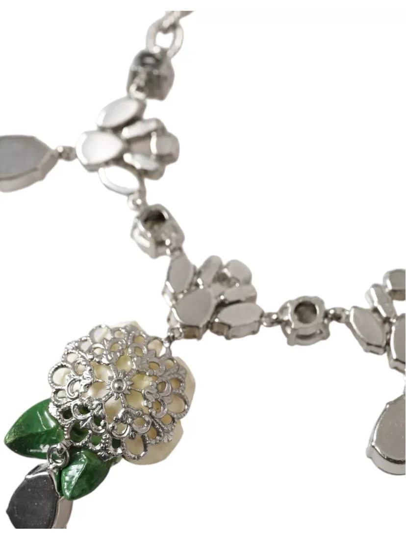 Silver Brass Clear Crystal Roses Pendants Necklace