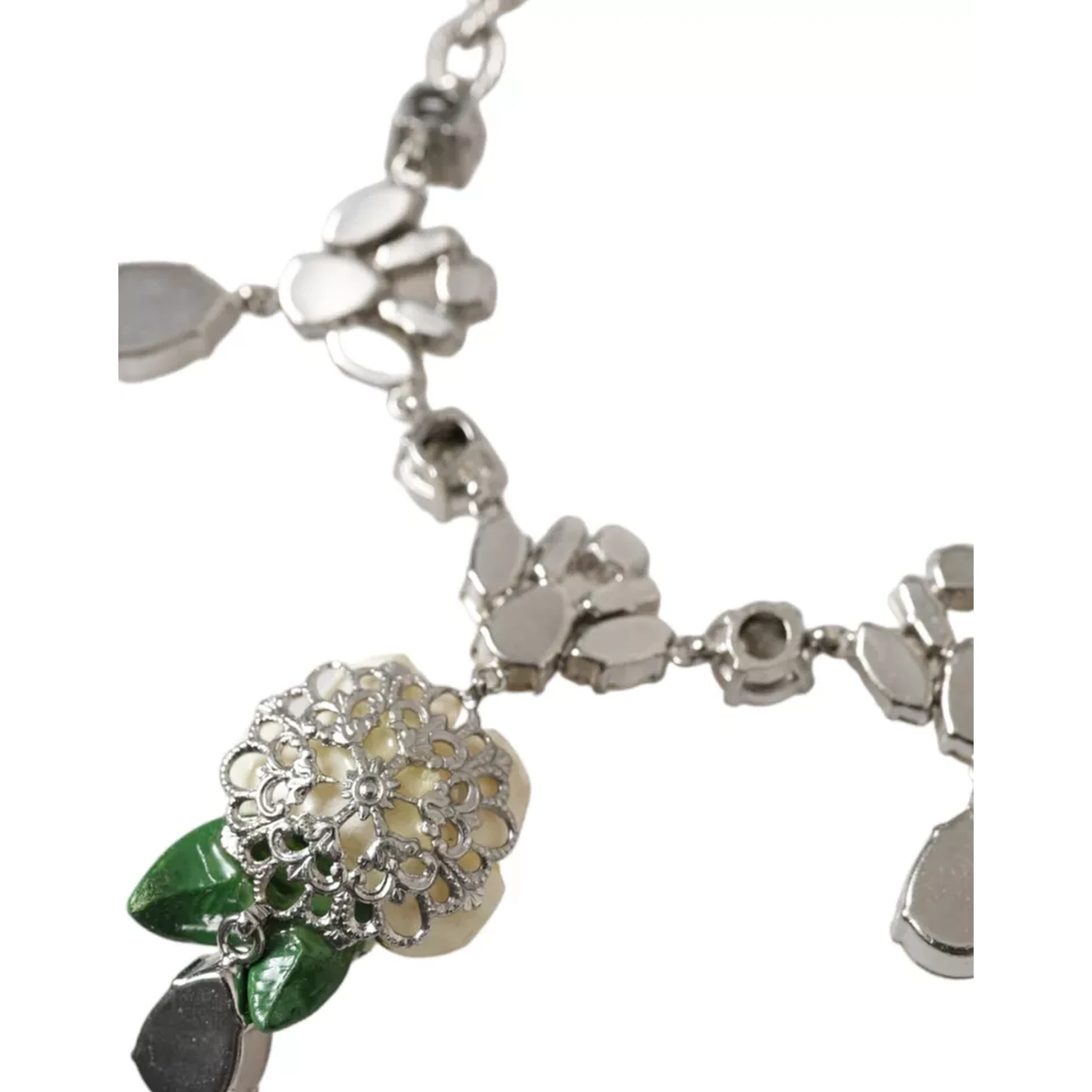 Silver Brass Clear Crystal Roses Pendants Necklace