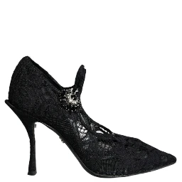 Black Mary Jane Pumps Lace Crystals Heels Shoes