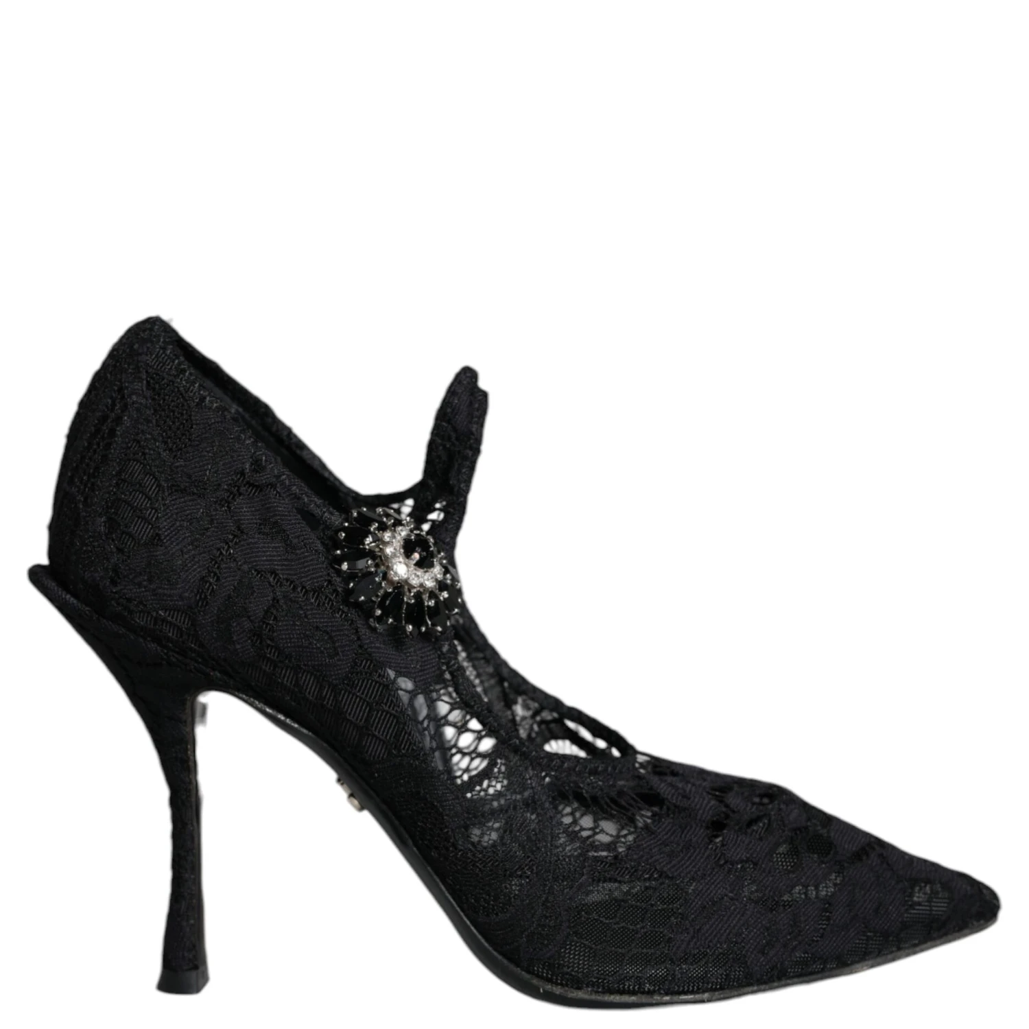 Black Mary Jane Pumps Lace Crystals Heels Shoes