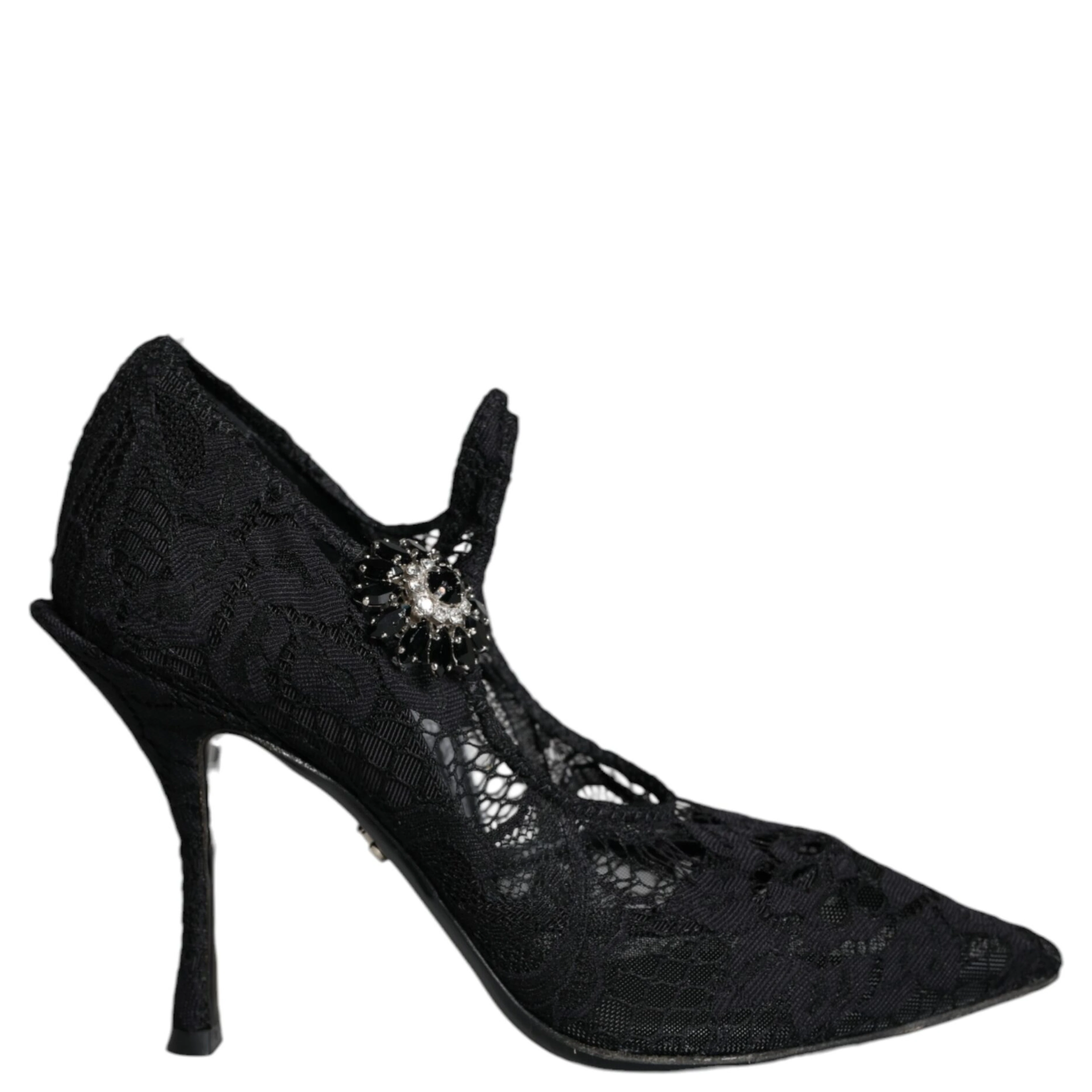 Black Mary Jane Pumps Lace Crystals Heels Shoes