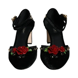 Black Velvet Roses Ankle Strap Pumps Shoes