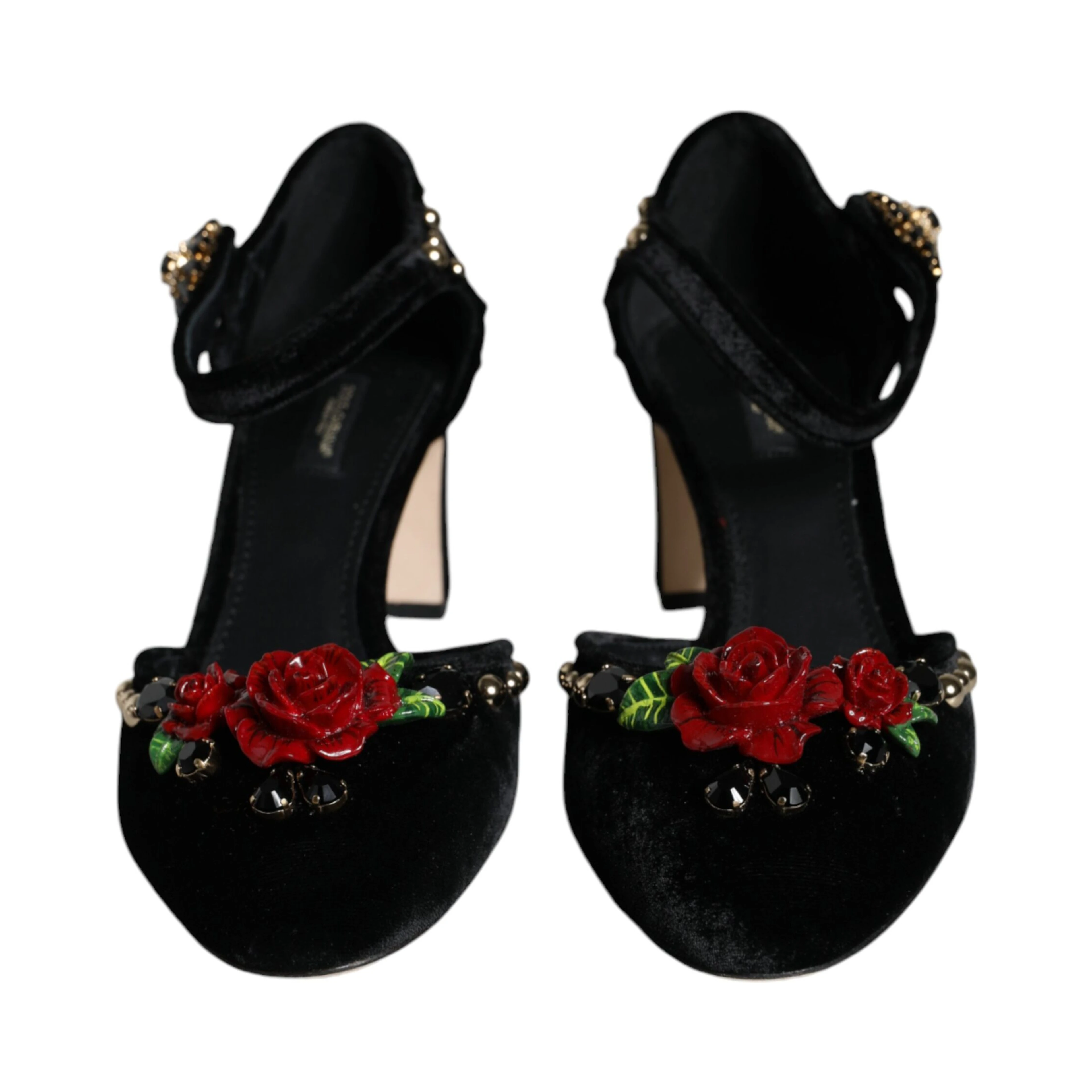 Black Velvet Roses Ankle Strap Pumps Shoes