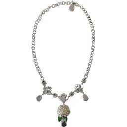 Silver Brass Clear Crystal Roses Pendants Necklace