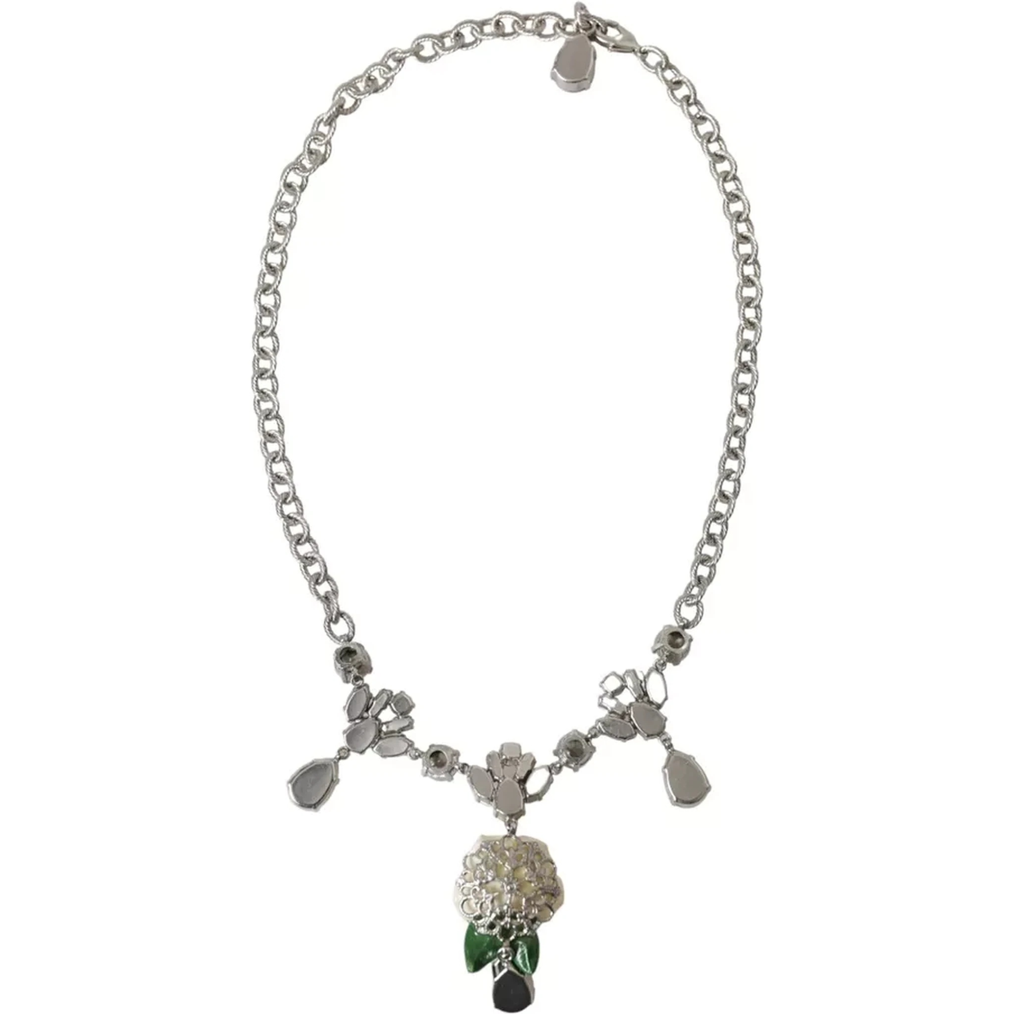 Silver Brass Clear Crystal Roses Pendants Necklace