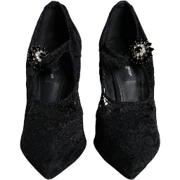 Black Mary Jane Pumps Lace Crystals Heels Shoes