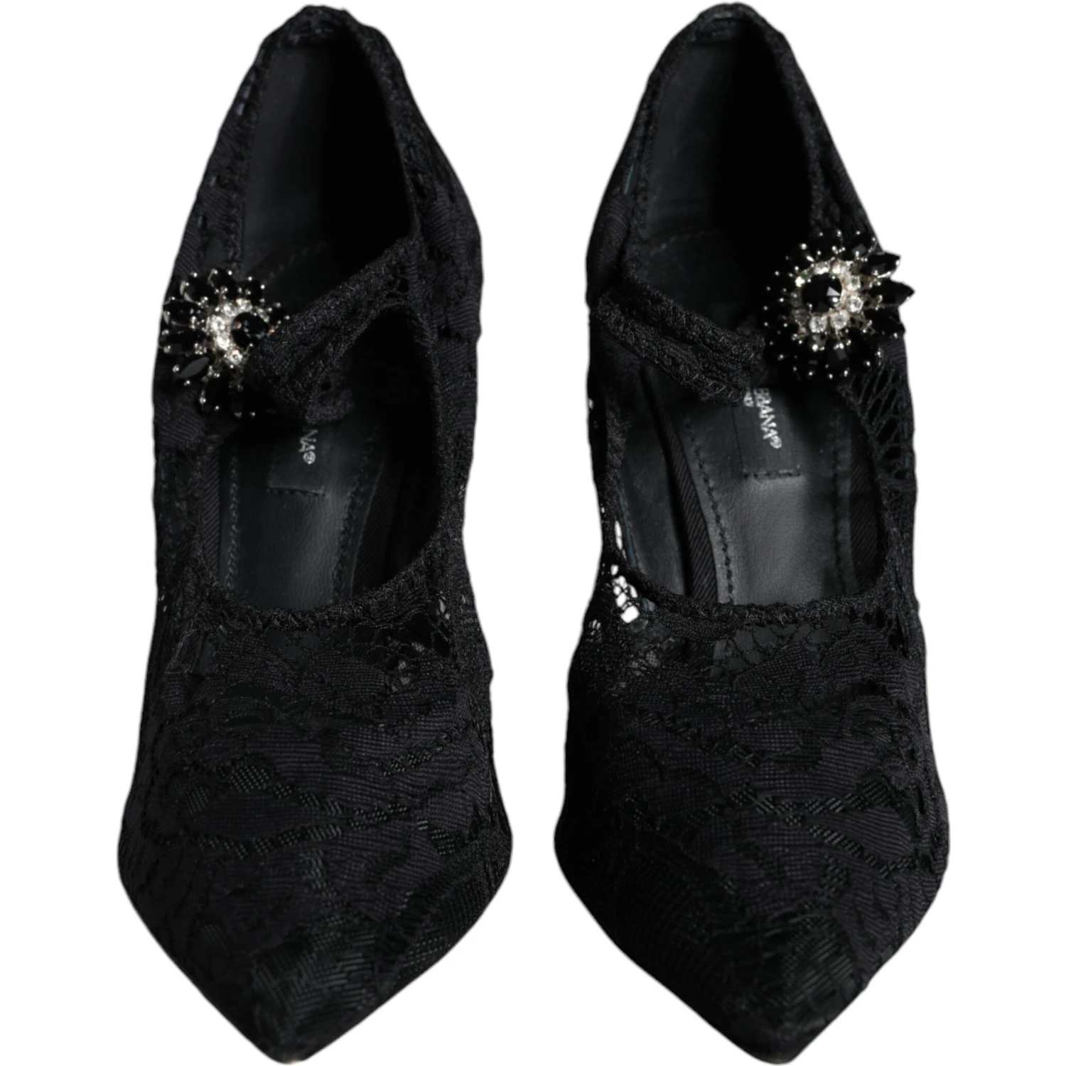 Black Mary Jane Pumps Lace Crystals Heels Shoes