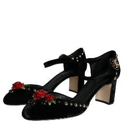 Black Velvet Roses Ankle Strap Pumps Shoes